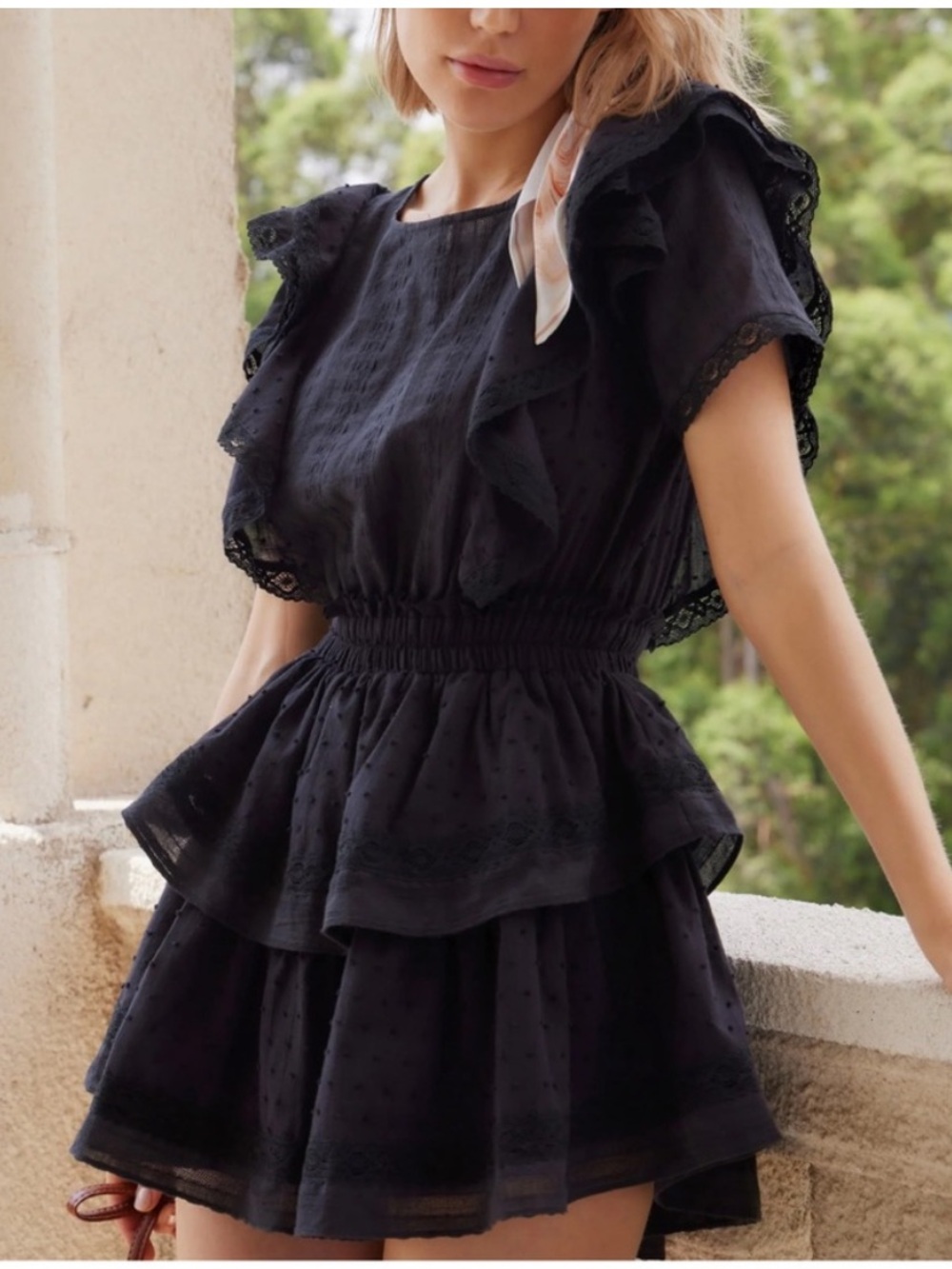 Lait Collection Aeris Lace Ruffled Tiered Mini Dress Black Small